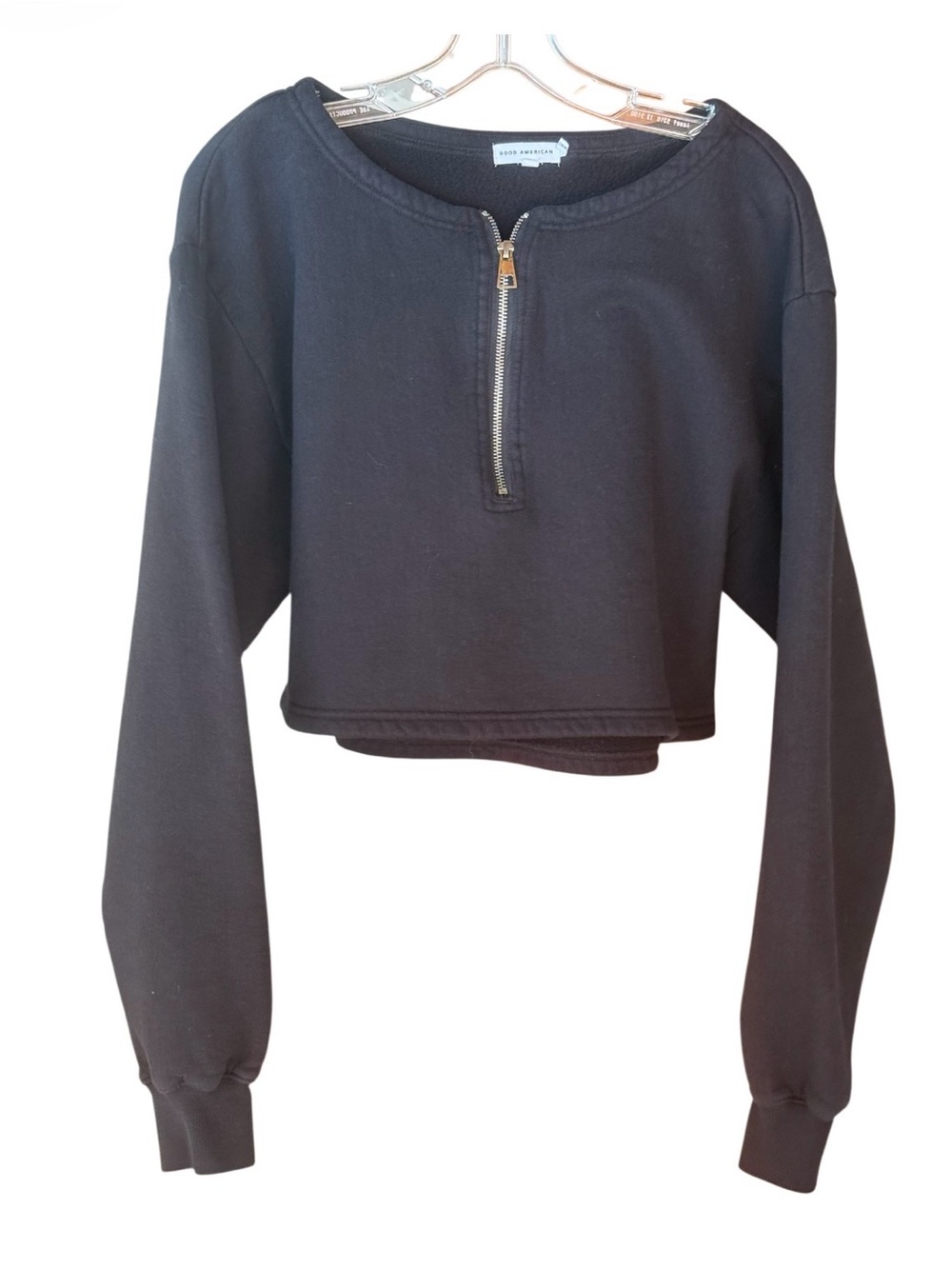 Good American Crop Half Zip Sweatshirt Black Cotton Pullover Size 1 - Picture 2 of 3